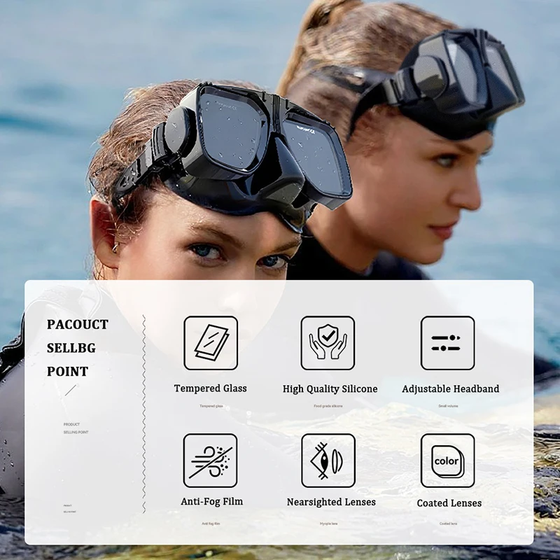 사각 프레임 다이빙 스노클링 마스크 고화질 대형 프레임 초광각 시야 스쿠버 다이빙 거울 액체 실리콘