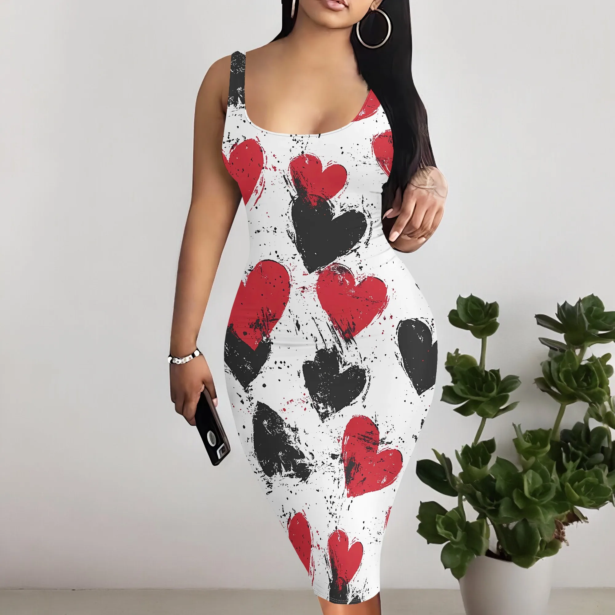 

Women's Sleeveless Round Neck Strap Midi Dress with Heart Print Bodycon S-3XL Party