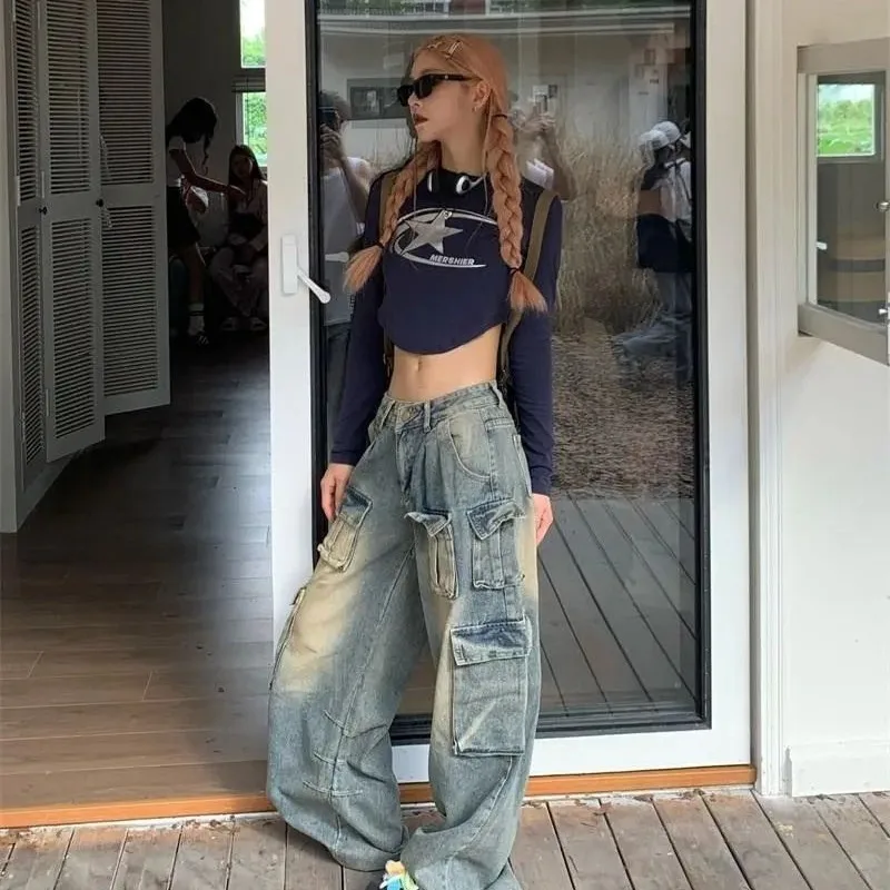 

Женские джинсы-карго с высокой талией в американском винтажном стиле, свободного кроя, с широкими штанинами, из денима, с карманами