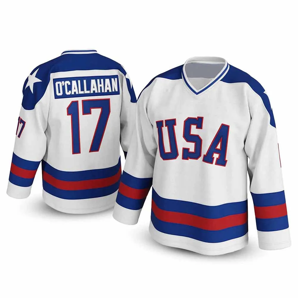 Jack O’Callahan # 17 Miracle 1980 USA Maillot de hockey unisexe à manches longues, col en V, imprimé rayé bleu et rouge, t-shirt ample pour fans de sport