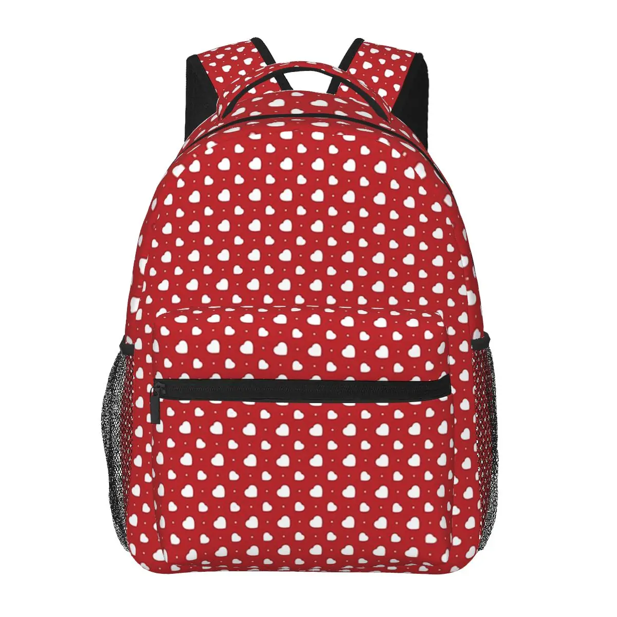 

Red Background With White Heart Shaped Polka Dot Student Backpack School Bag Hiking Travel Daypack for Kids Bookbag Shoulder Bag