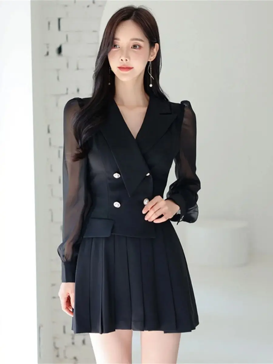 Autumn New Elegant Black Blazer Short Dress for Women Simple Korean Fashion Puff Sleeve Patchwork Slim Mini Pleated Dresses