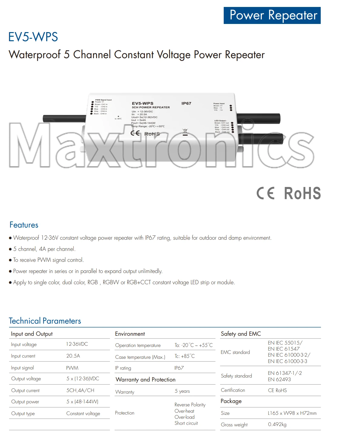 5CH*4A CV IP67 Waterproof Power Repeater 12-36V EV5-WPS for Single Color/CCT/RGB/RGBW/RGB+CCT Constant Voltage LED Strip /Module