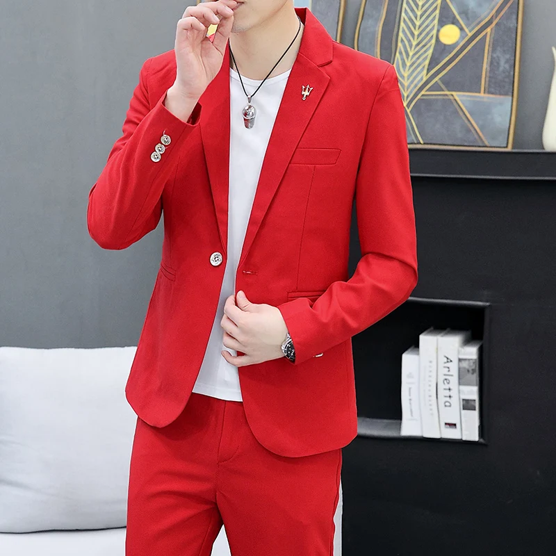 2024Spring and Autumn Korean slim (suit + trousers) Fashion handsome hair stylist British style casual trend men\'s two-piece set