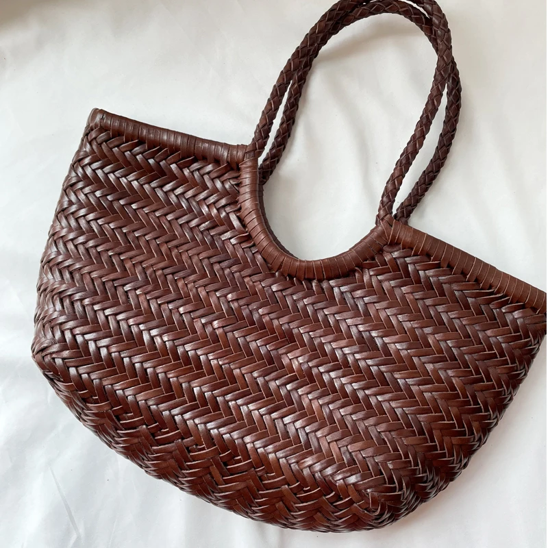 dragon pure handmade first-layer cowhide woven bag for women summer french niche vegetable basket bag genuine leather shoulder tote bag