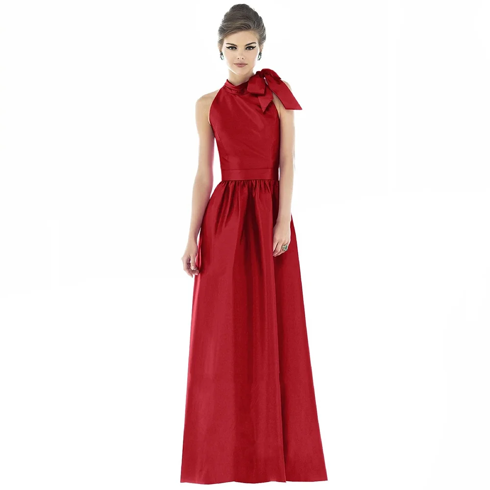 

Red Hight Collar Sleeveless Wiith Bow Wedding Guest Party Dresses Customized Satin A-line Floor Length Prom Gowns Evening Dress