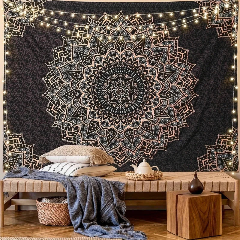 VIKAMA Black and Rose Gold Mandala Tapestry, Boho Floral Print Wall Hanging for Bedroom, Dorm, Living Room & Hippie Home Decor