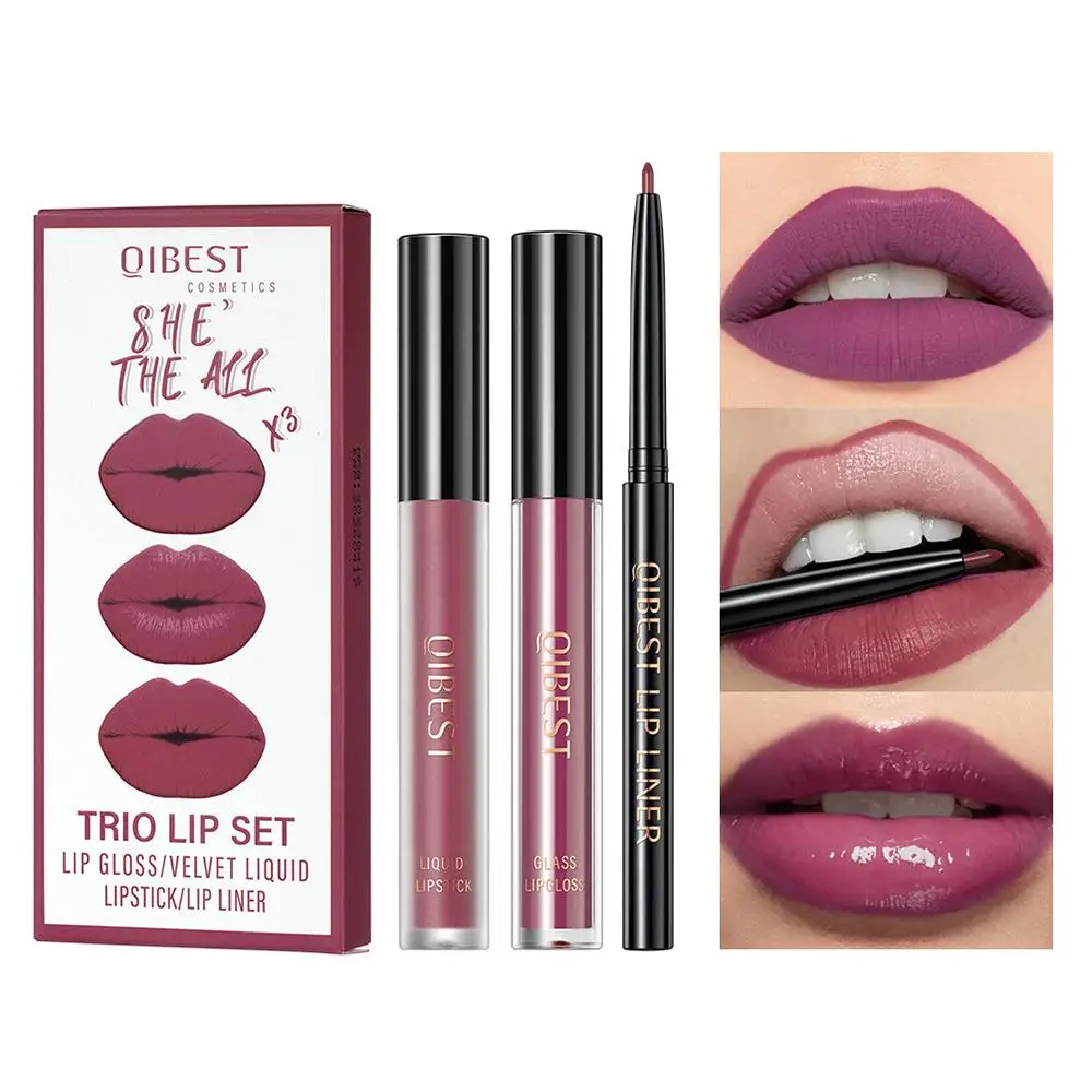 Matte Black Batom e Lip Liner Set, líquido de veludo, esmalte vermelho, impermeável Lip Gloss Kit, de longa duração, cosméticos, X3B6