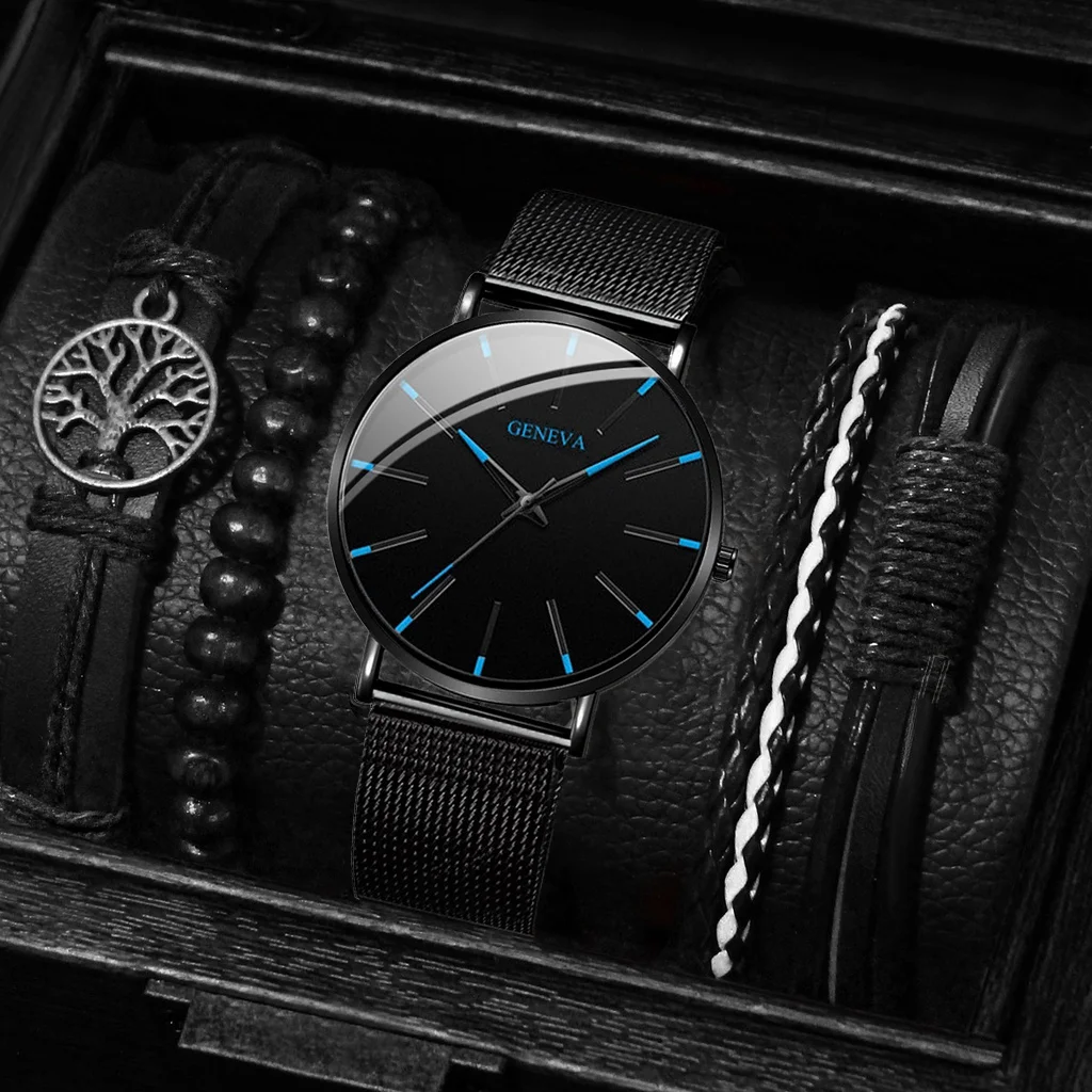 5PCS Men Business Watches Fashion Black Mesh Belt Man Quartz Watch Bracelets Set（Without Box） image 2