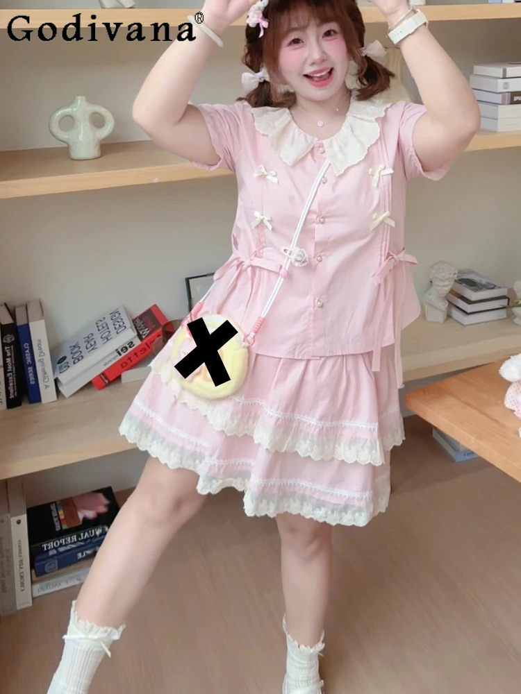 

Большой размер, милая летняя новая милая рубашка с бантом и коротким рукавом, воротник Питера Пэна, рубашка Лолиты, свободная возрастная розовая кружевная юбка-тортик