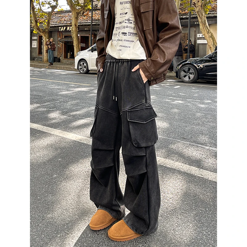 ​​Vintage Washed Men's Cargo Sweatpants Retro Relaxed Fit Joggers for Men Distressed Workwear Trousers Casual Streetwear