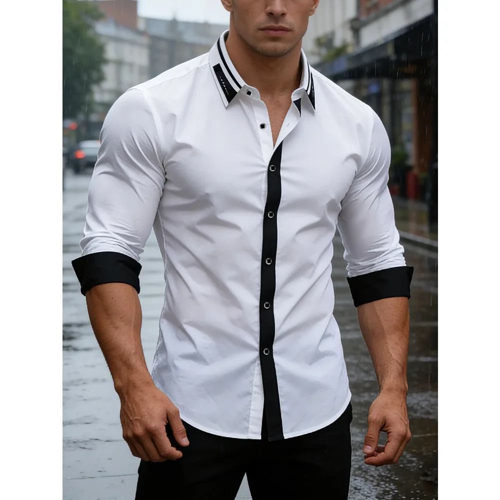 

FGKKS Men Shirts Brand Elegant Fashion Smart Casual Business Long Sleeve Micro Elastic Male Patchwork Dress White Shirt