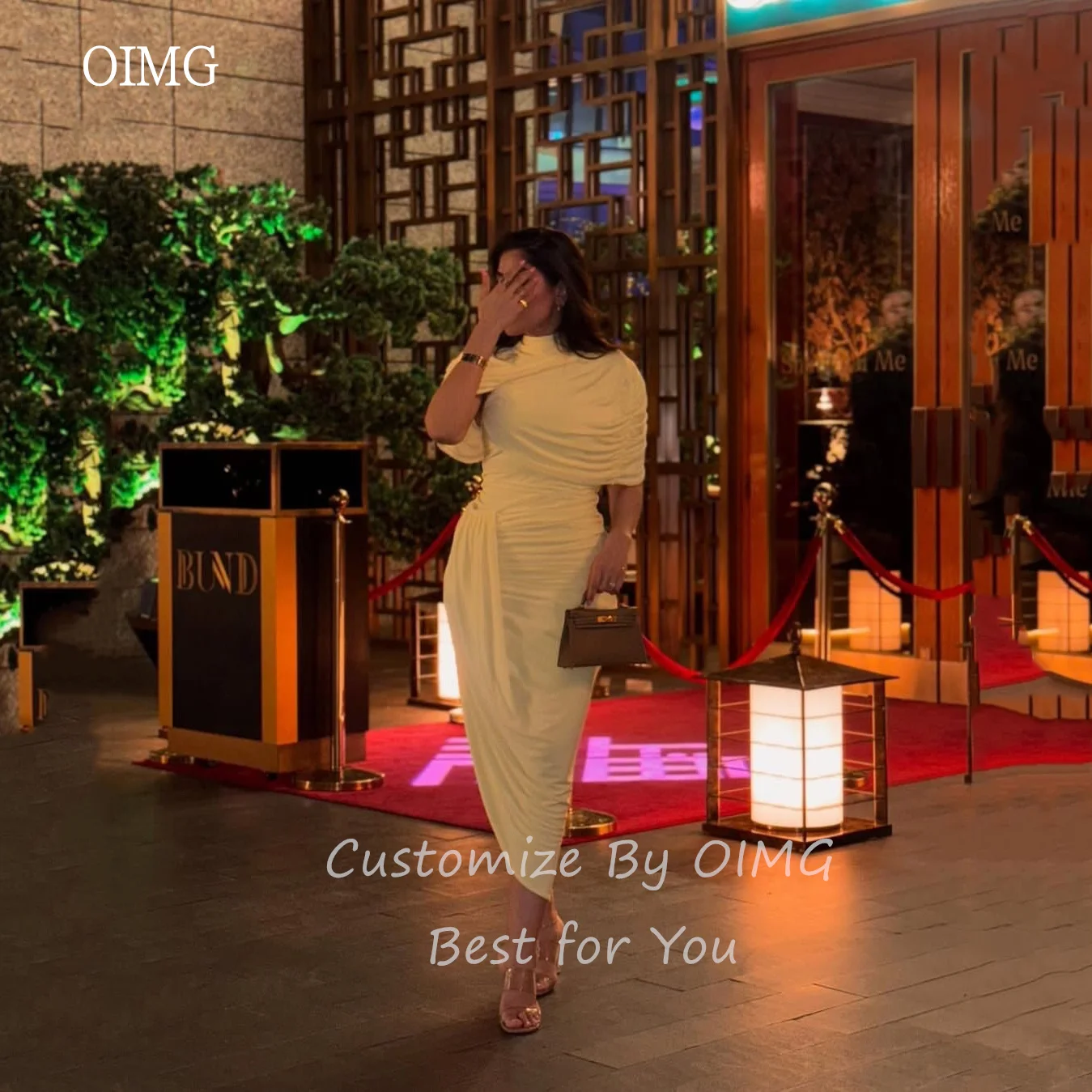 OIMG – robe de bal de forme sirène jaune beurre, gracieuse, col haut, longueur cheville saoudienne, personnalisée