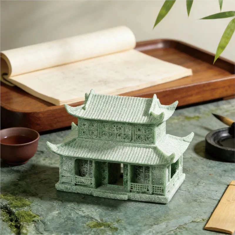 Chinese style Green Sandstone Antique Pavilion Stone Handicrafts Home Living Room Tea Table Decor Stone Crafts Landscape ZI945