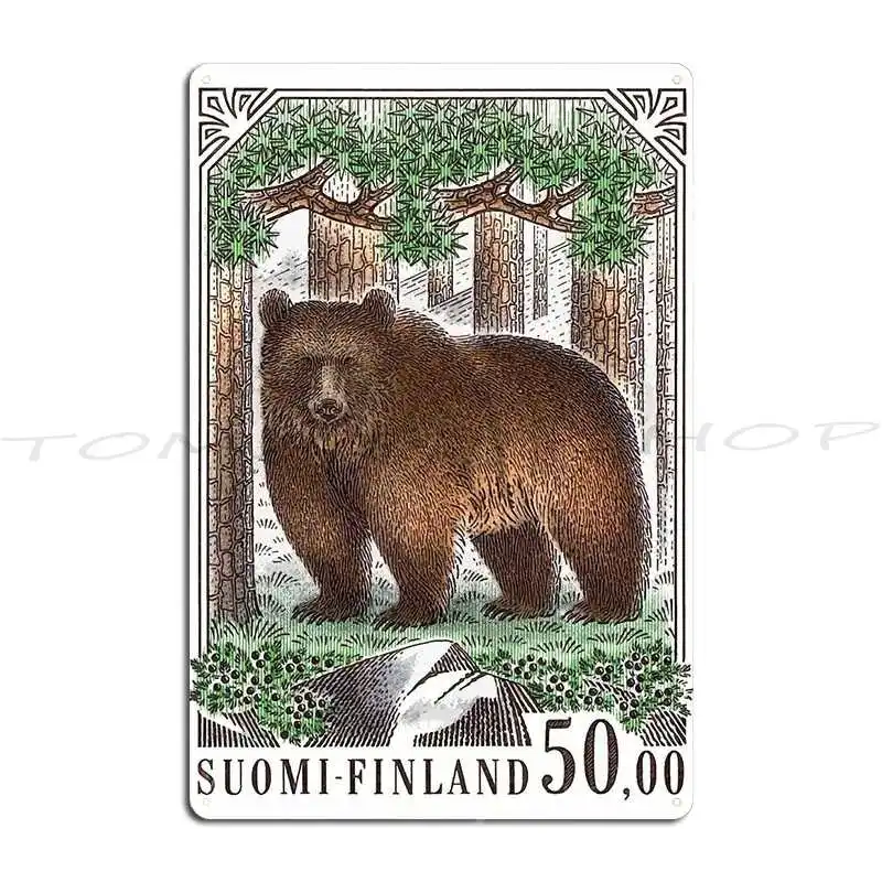 Ski Bear Illustration 1989 Finland Brown Bear Postage Stamp Metal Sign Garage Custom Home Designer  Tin Sign Poster