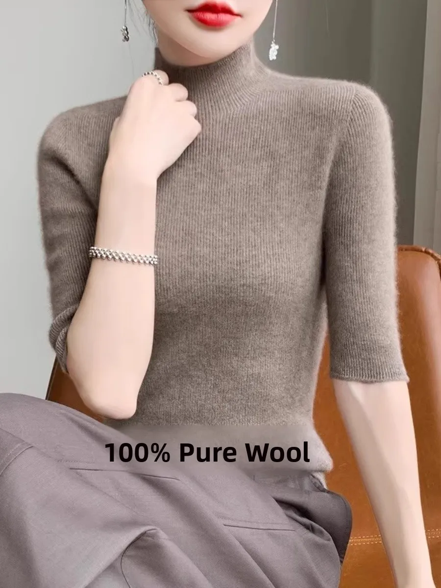 

Весенний шерстяной вязаный топ с рукавом три четверти, женская базовая кофта с высоким воротником, облегающая, новинка 2026 года, повседневный мягкий трикотажный топ
