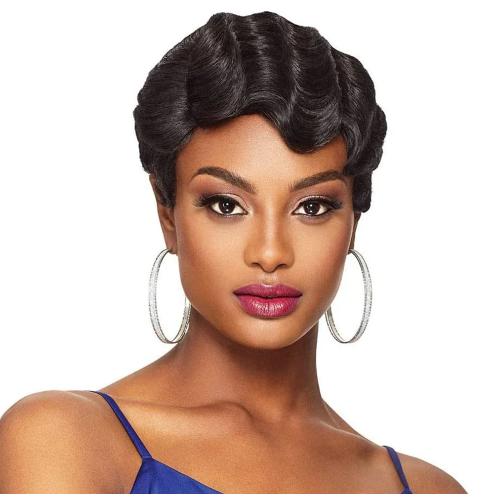 Ladies Black Blonde Brown Short Finger Wave Curly Wigs Cheap Brazilian Human Hair Wig for Black Women Ocean Finger Wave Wigs