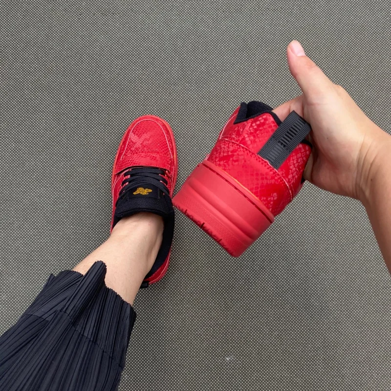 Unisex Red Snake Pattern Platform Sneakers Large Size Height Boost Skate Shoes Hook&Loop Thick Bottom Streetwear Shoes