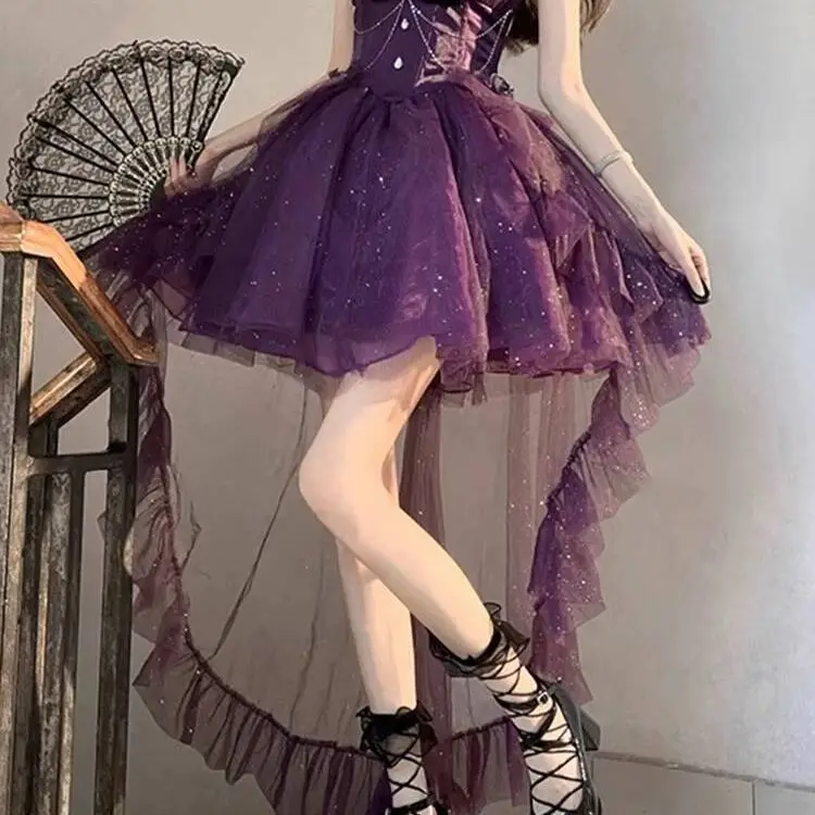 日本のロリータ エレガントなドレス 非対称レイヤードスカート リボンディテール スパゲッティストラップ コルセットデザイン 原宿サブカルチャー パーティー衣装