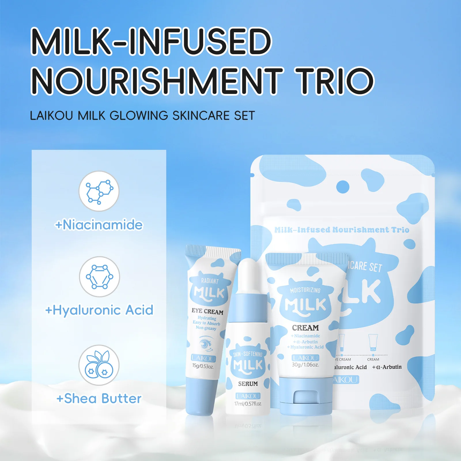 LAIKOU Milk Skincare Set Niacinamide Hyaluronic Acid Brightening Face Cream Serum Eye Cream Travel Size Kit for Hydrating Skin