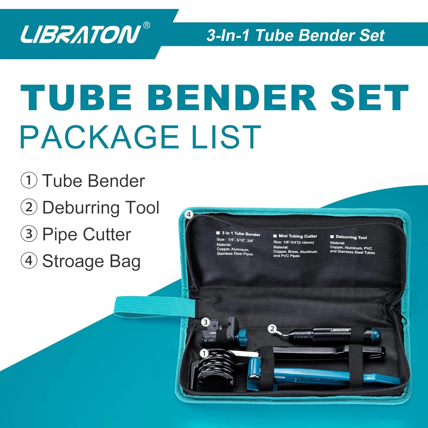 LIBRATON 3PCS Tube Bender Set for Aluminum Brass Pipes, 3-in-1 Manual Tubing Bending Tool & Tube Cutter & Deburring Tool