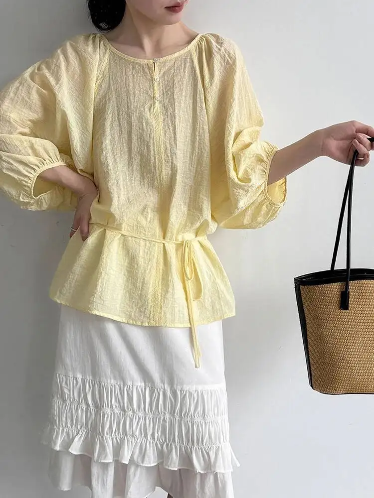 

Women Yellow Big Size Elegant Blouse New Round Neck Three-quarter Puff Sleeve Shirt Fashion Spring Summer