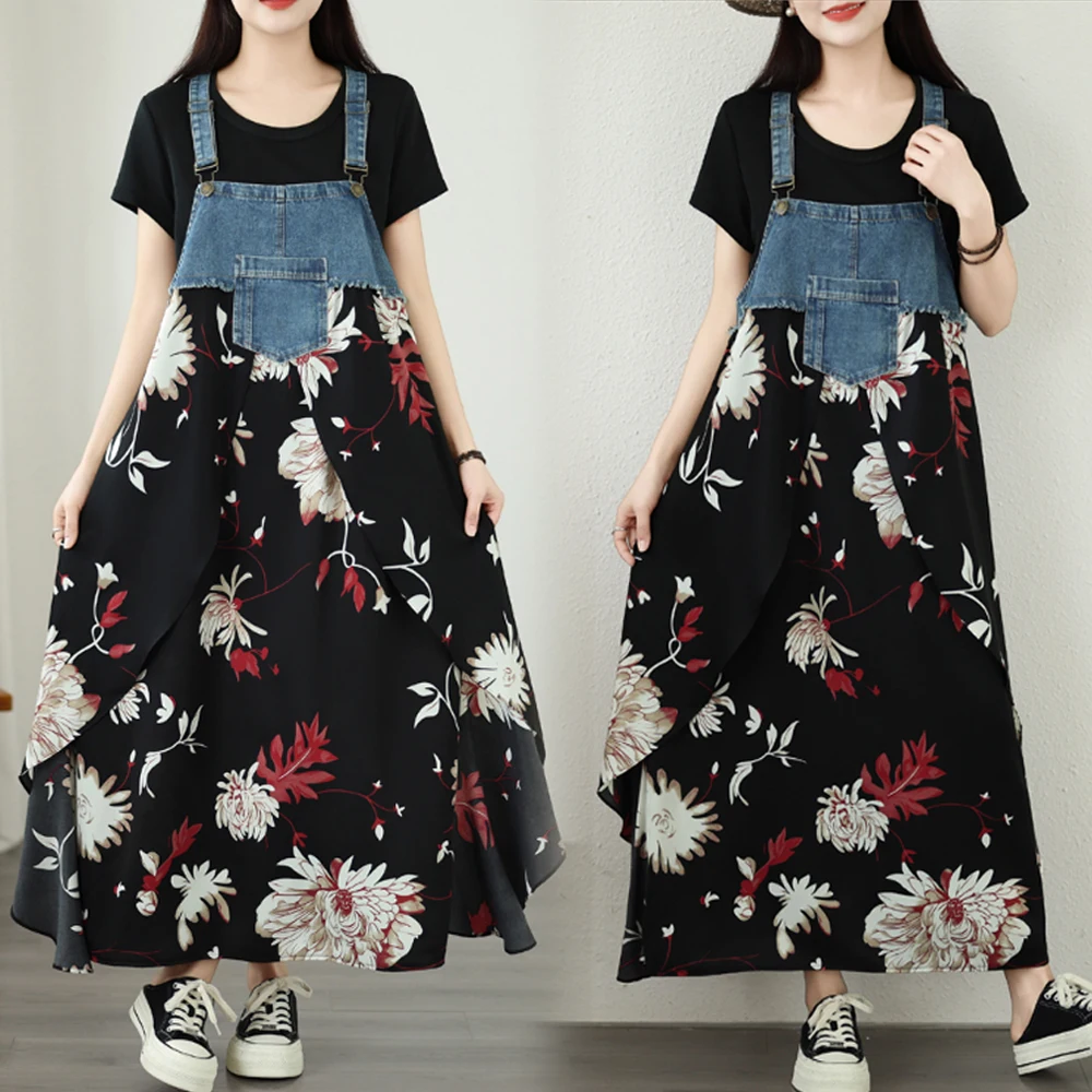 

plus Size Denim Chiffon Print Summer New Style Sister Fat Sister Dress with Puff Sleeves Medium Length with Shoulder Straps