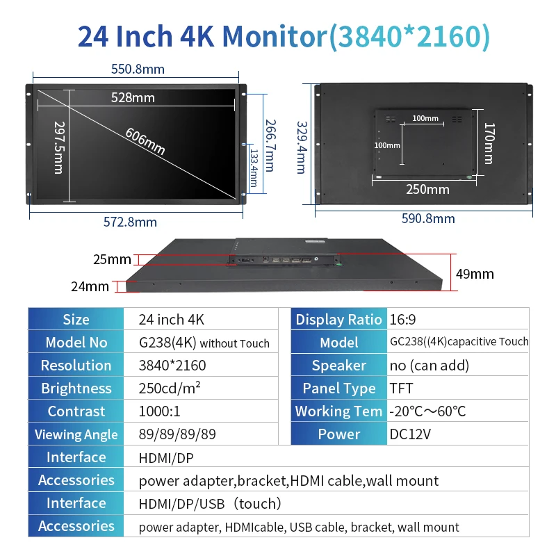 24 Inch 3840*2160 Open Frame Monitor 4K Capacitive Touch Function Industrial LCD Display With HDMI DP Type-C Interface