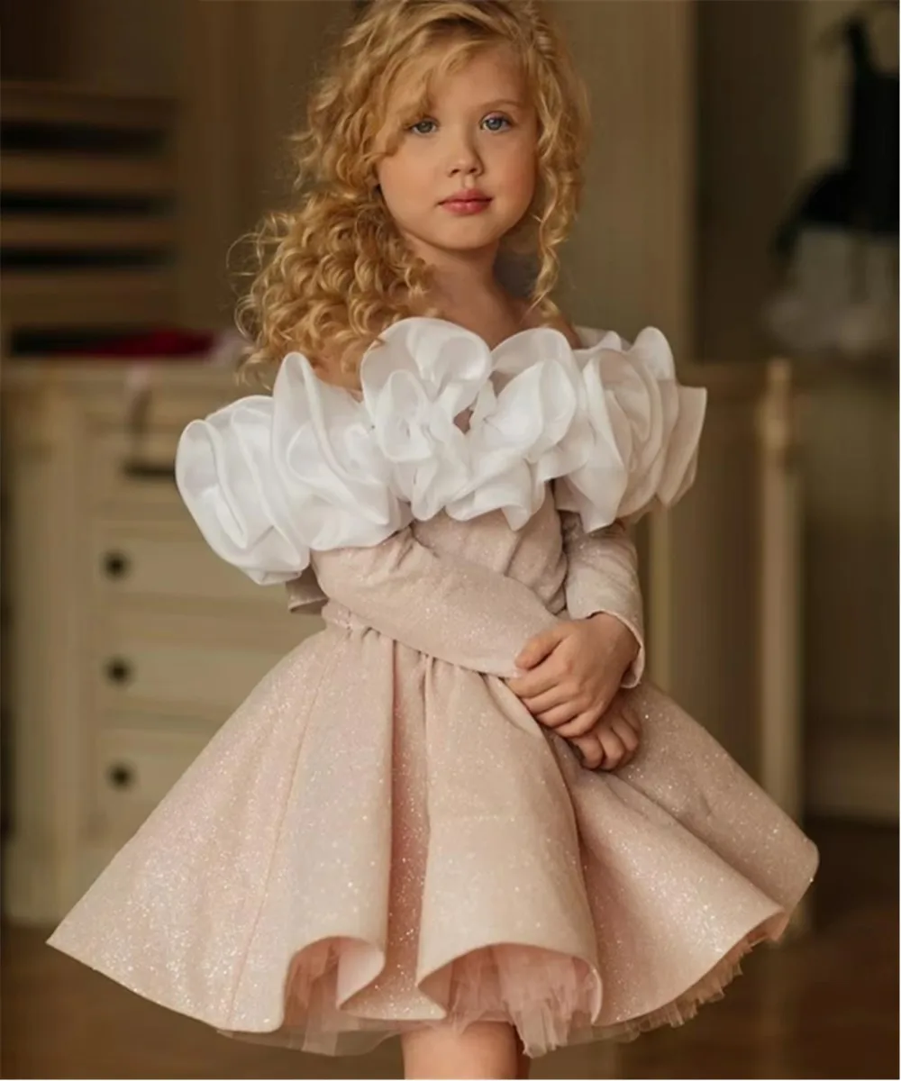 

Glitter Cute Flower Girl Wedding Dress Off Shoulder Flowers Ruffles Bow Princess Party Birthday Party Dress First Communion Gown