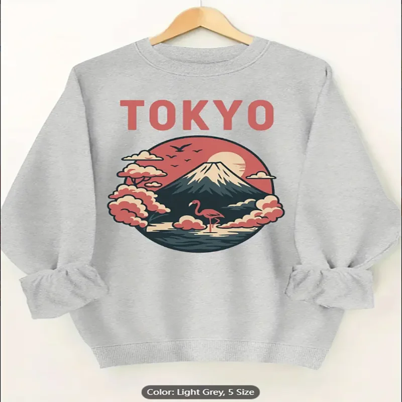Felpa da donna color albicocca Tokyo Mount Fuji Flamingo con stampa grafica Pullover oversize casual per gli amanti dello stile da viaggio in cotone