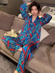 2024 Spring/Summer New Pajamas Women's Fashion Printed Temperament Long Sleeved Pants 2-Piece Home Clothing Set