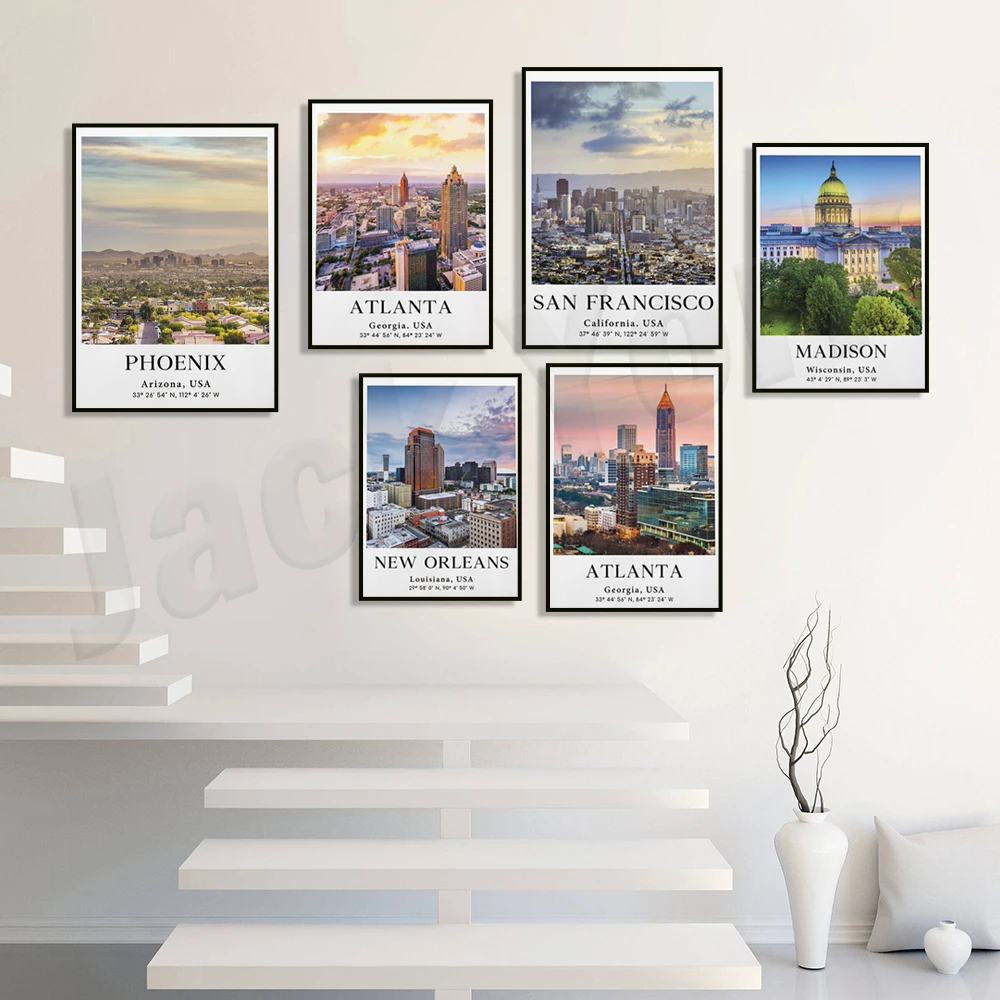 New Orleans, Atlanta skyline, North Carolina, San Francisco, Phoenix Arizona, Tampa skyline, Madison skyline USA travel poster