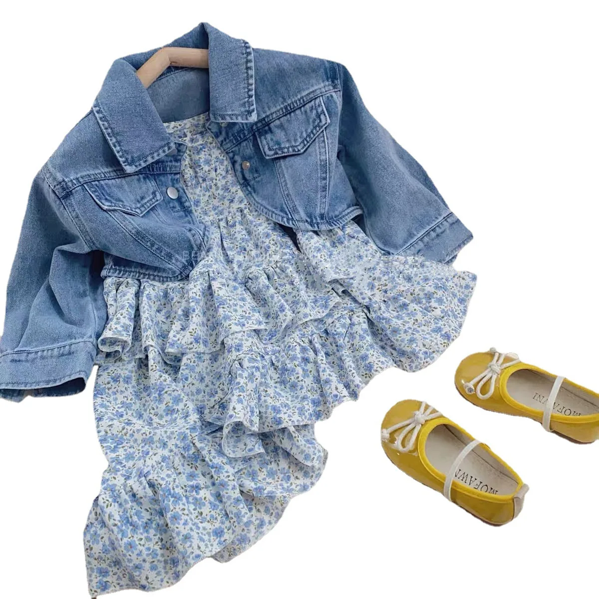 Baby Girls\' Clothes Suit Children 2023 Spring Summer New Kids Denim Jacket Coat + Suspender Floral Dress 2PCS Clothing Set