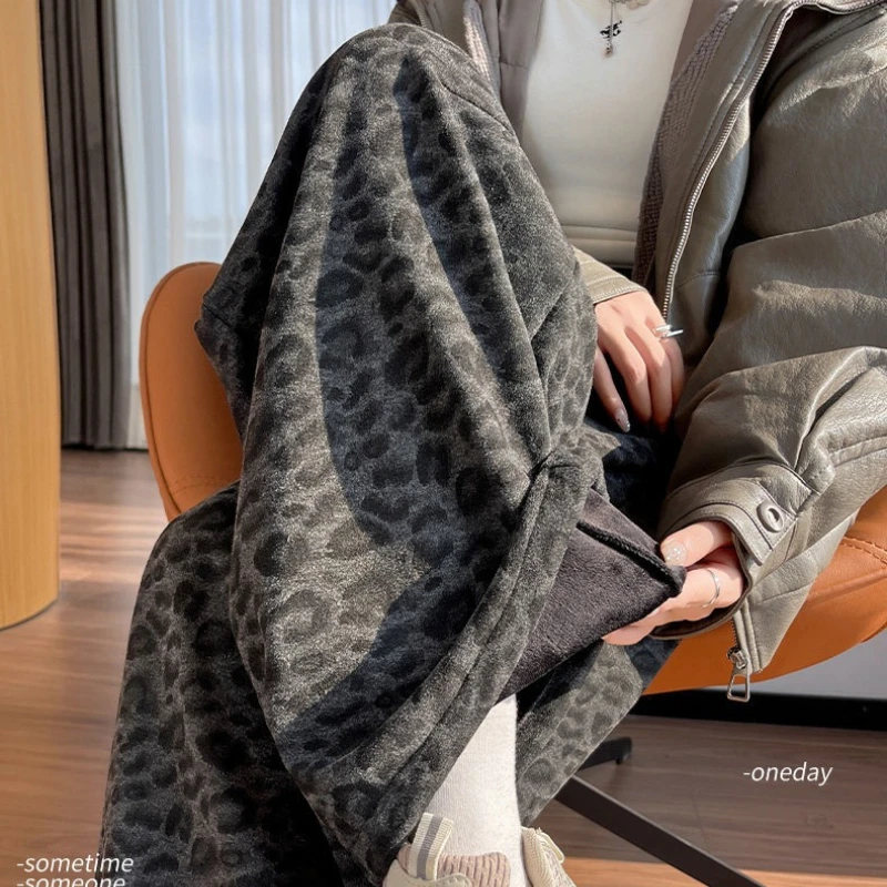Leopard Print Wide Leg Pants Thicker Fleece-lined Vintage Casual Straight Pants Bottoms Autumn Winter Baggy High Street Trousers