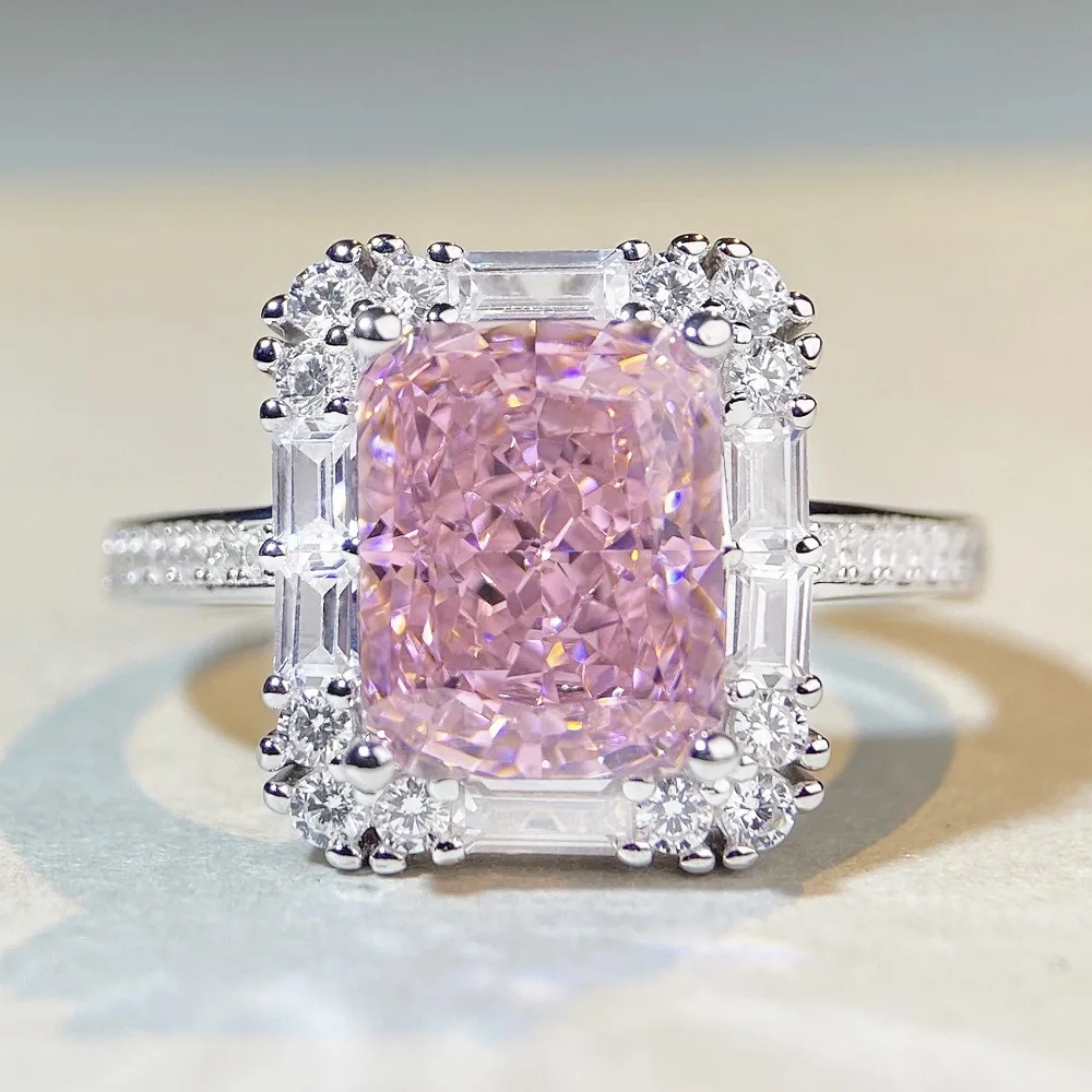 

Luxury white gold solid platinum PT950 Women's full-diamond cherry blossom pink square moissanite ring