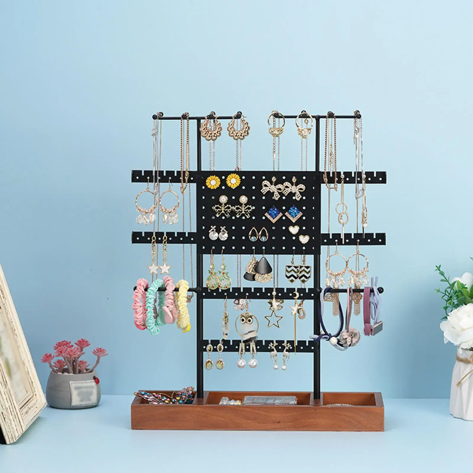 Jewelry Tower Rack Jewelry Holder with Wooden Tray for Rings Earring Watches