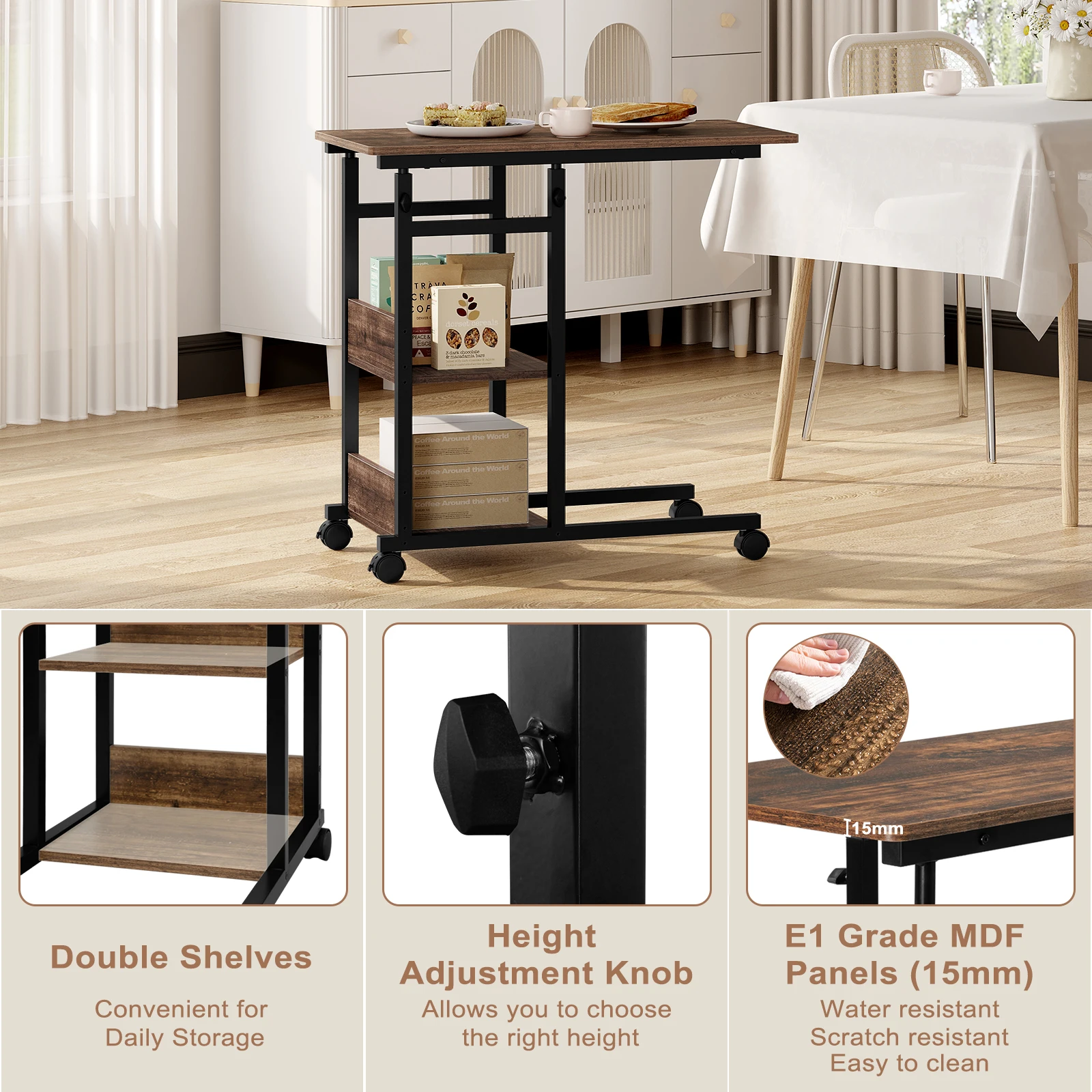 WOLTU Couchtisch, Beistelltisch, Bett-Sofa-Laptoptisch, C-förmig, höhenverstellbar, mit Rollen, Beistelltisch für Wohnzimmer, Schlafzimmer – Detail 8
