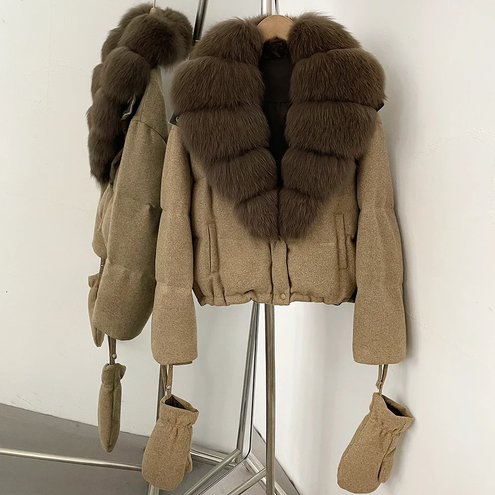 OFTBUY Neuer Winter-Puffermantel mit abnehmbaren Handschuhen, Damen-Woll-Daunenjacke mit echtem Fuchspelzkragen, kurze Kleidung mit echtem Pelzbesatz – Detail 9