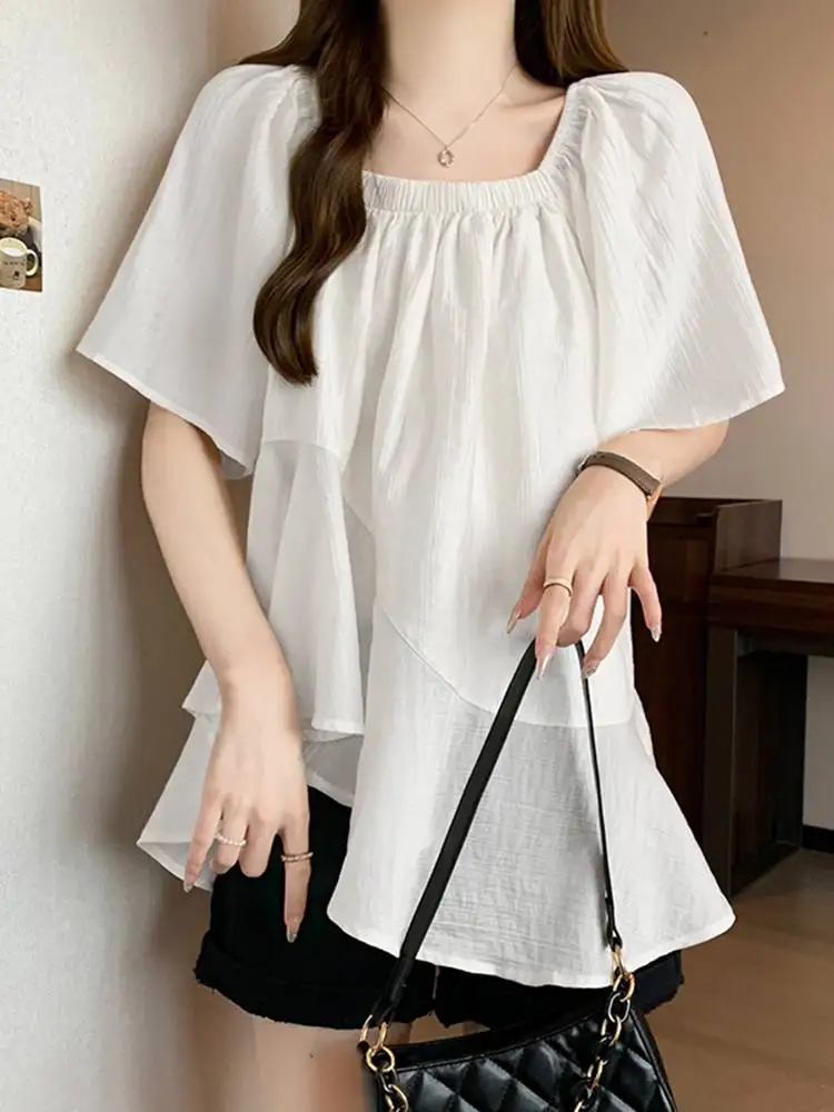 Women Solid Short SleeveTops ZANZEA Fashion Mesh Chiffon Blouse Casual Summer Ruffled Stitching Tunics 2024 Vintage Thin Tops