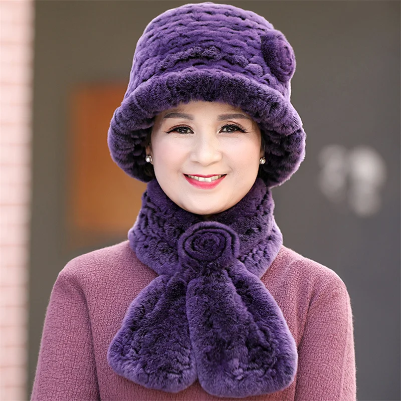 Rex Rabbit Fur Hat Female Winter 2022 New Middle-aged And Elderly Grandma Hat Warm Mother Fur Scarf Fur Hat Outdoor FirstChoice