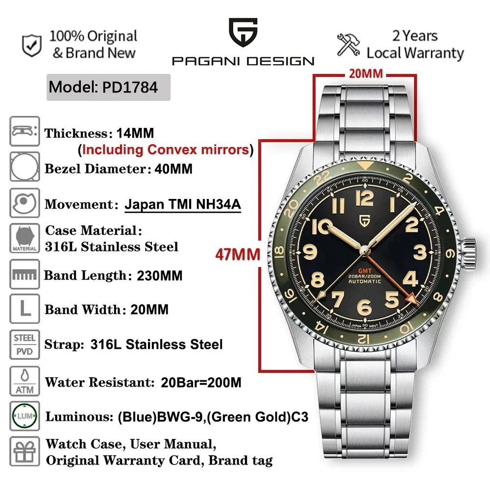 PAGANI DESIGN 2024 Fashion Automatic Mechanical Men's Sports GMT Watch NH34 Stainless Steel Waterproof 20Bar Diving reloj hombre