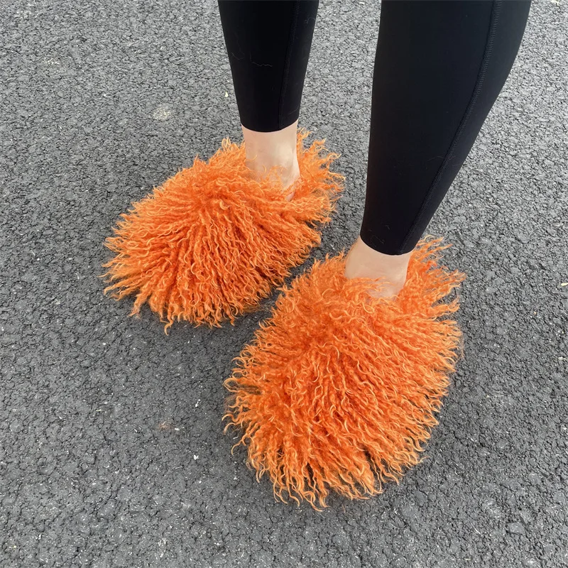 Women\'s New Winter Imitation Sheep Plush Slippers Fashionable Round Headed Imitation Mongolian Plush Slippers Women\'s Flat Shoes