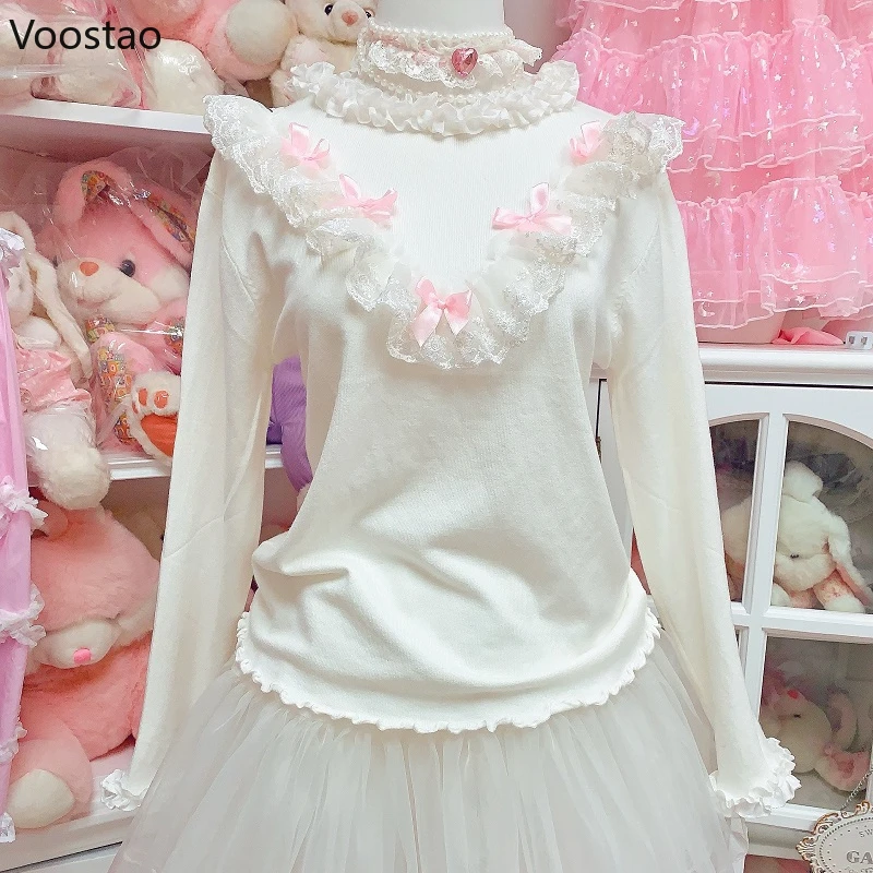 Vintage Sweet Lolita Style Knitted Pullover Spring Women Cute Lace Ruffles Bow Sweater Autumn Girls Harajuku Knitwear Tops 2024