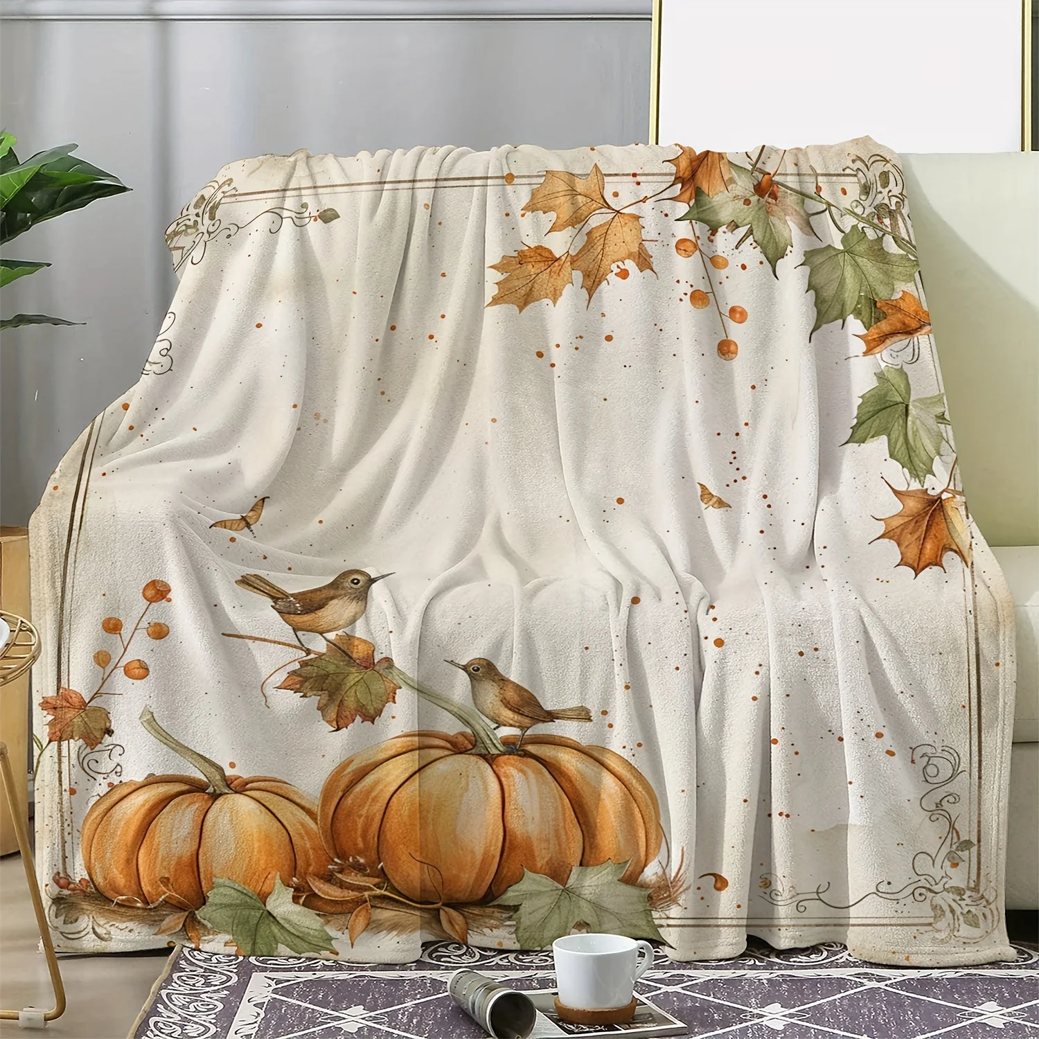 Vintage Autumn Blanket: Cozy and Soft with Bird, Pumpkin, and Maple Leaf Design