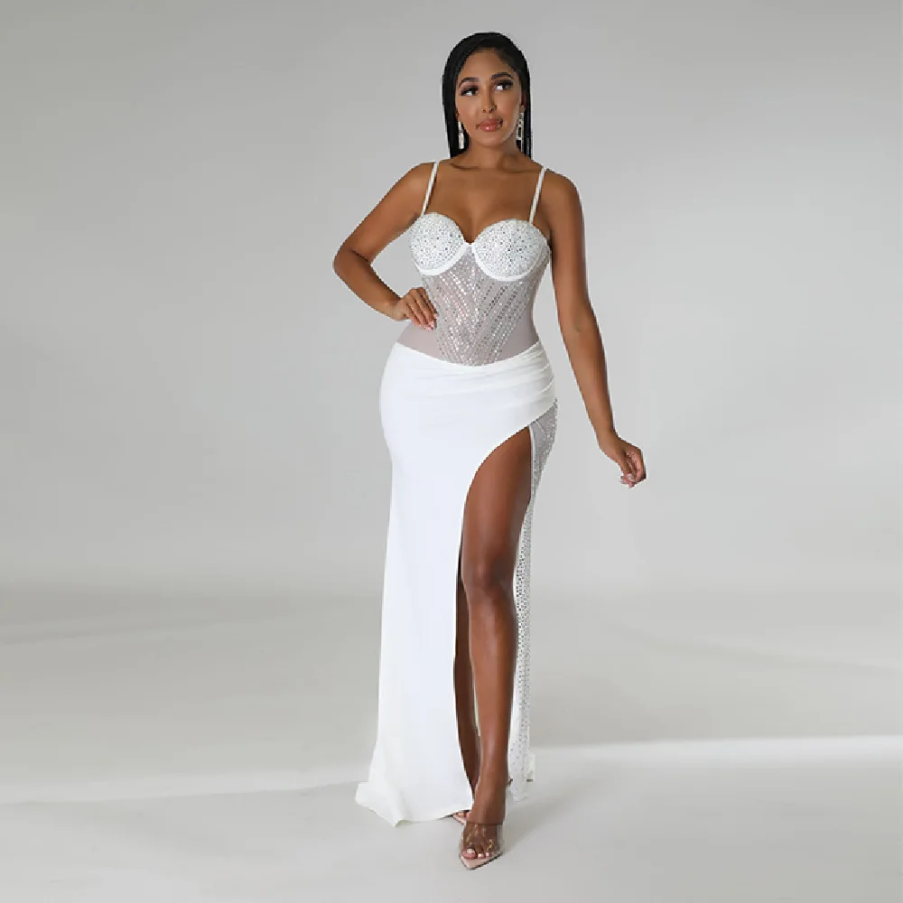 Sexy Damenkleid mit Hosenträgern, mit Diamanten besetztem Netz, unregelmäßigem Rock, Brustkissen, beliebtes Kleid, Bankettkleid