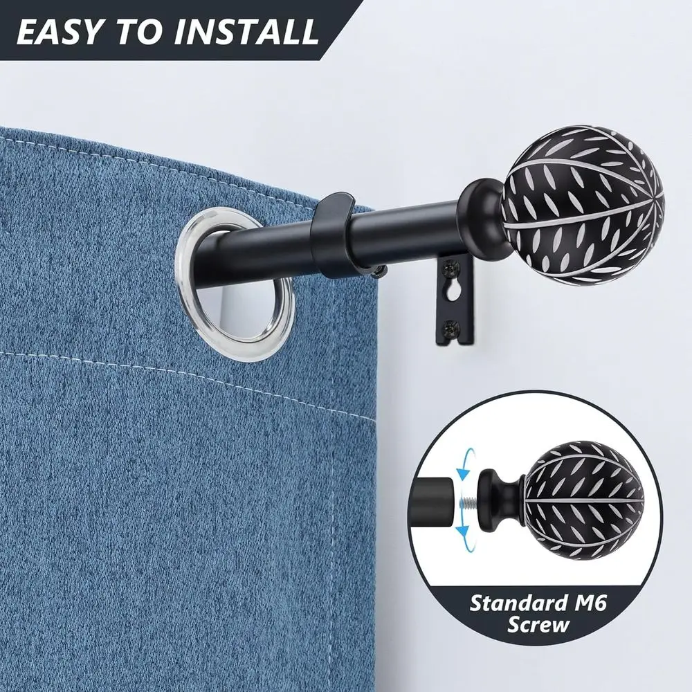 Curtain Rods 48 to 84 Inch, Black 1 Inch Adjustable Drapery Rods with Decorative Finial, Window Treatment Single Curtain Rod Set