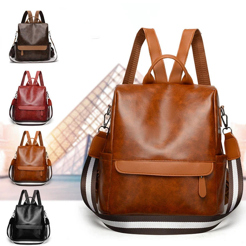 

2024 New Anti-theft Backpack Female Korean Version of Solid Color Fashion PU Leather Retro Schoolbag Travel Bag Wholesale