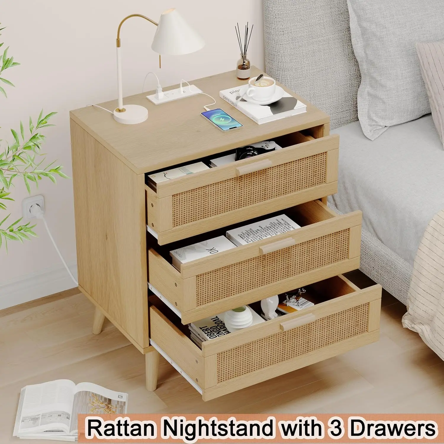 Rattan Nightstand with Charging Station, Night Stand with 3 Drawers, 23.6" W Bedside End Table for Bedroom, Side Table with Soli