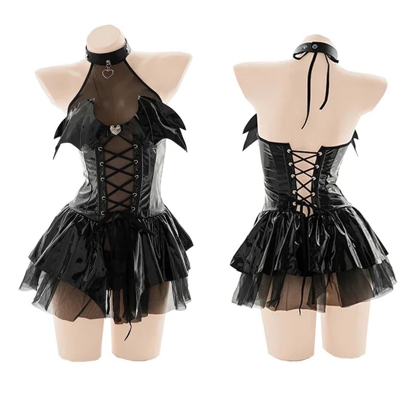 Punk Witch Girl Magic Transformation Dress Bat Demon Black Mesh Lace Up Leather Unifrom Lolita Devil Cosplay disfraces de Halloween