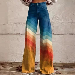 Retro Colored Painted Women Pants 2024 Summer Flower Print Button Y2K Wide Leg Pants Versatile Casual High Street Hip Hop Pants